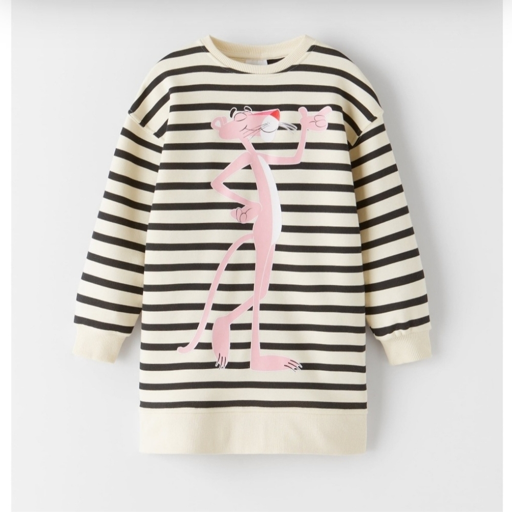 Zara Pink Panther Sweatershirt Tunic Dress Striped Cream Size 13-14 Big Girls
